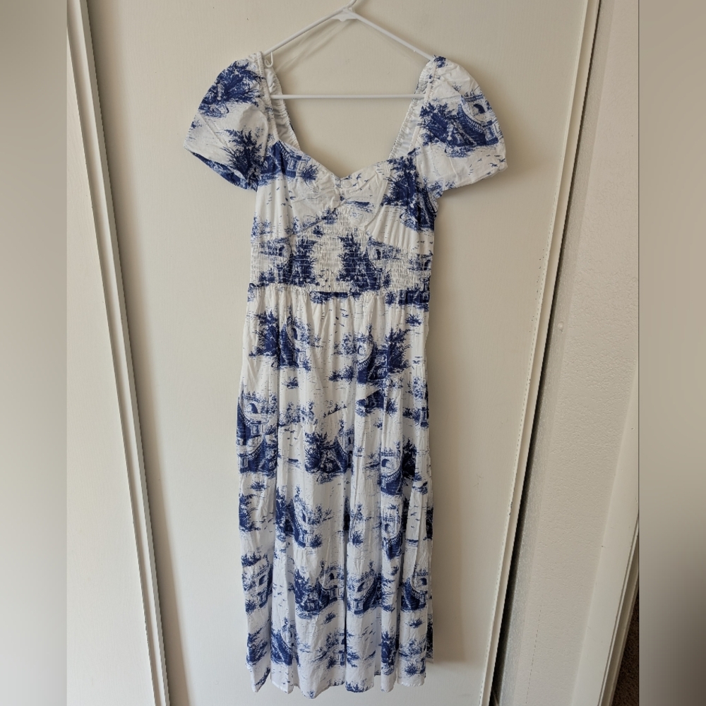 Bailey Blue Women L Blue White Toile Maxi Dress 100% Cotton Cottage Coquette NWT